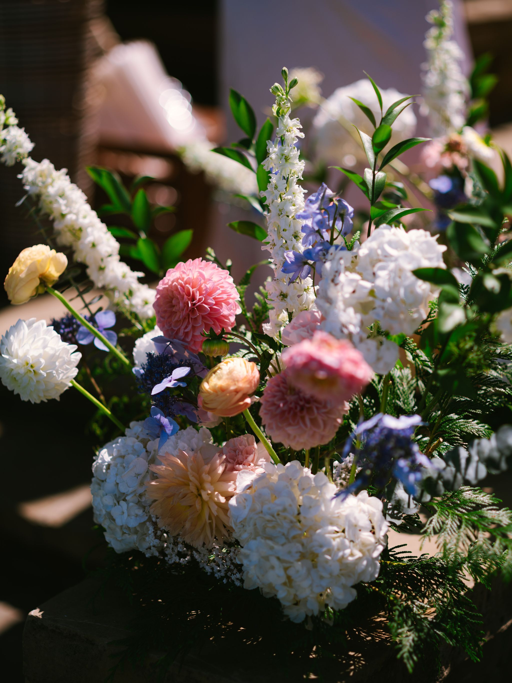 White delphiniums and ranunculus in coral and blush tones arranged in sunlit garden setting with green foliage